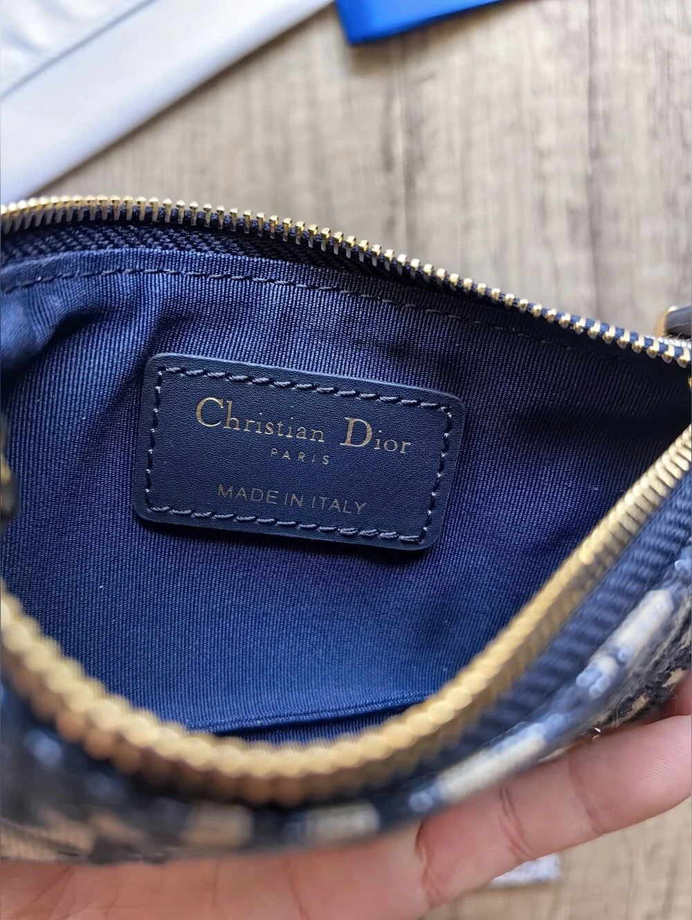 Dior Navy Blue and Cream Oblique Canvas Card Pouch with Gold Hardware